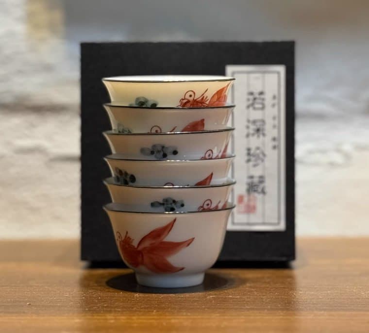 1980s Vintage Stock Chaozhou Fengxi Colorful Porcelain Hand-Painted ‘Ruo Shen Collection’ Gongfu Tea Goldfish Cup, Kung Fu Tea Connoisseur’s Cup