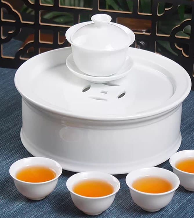 Chaozhou Traditional Gongfu Tea Set – White Porcelain 8-Inch Round Straight-Sided Tea Tray, Small Gaiwan, and Teacups for Home Use