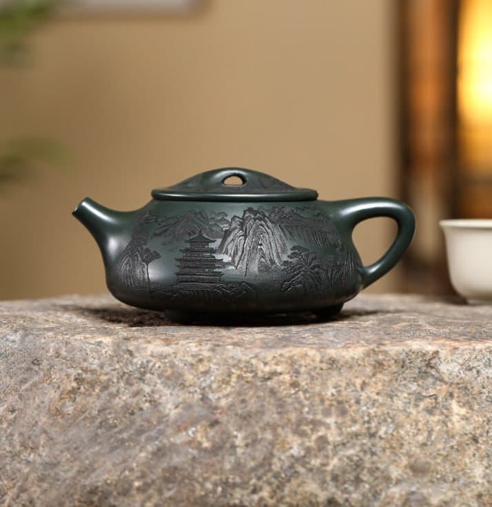 Jingzhou Stone Ladle Yixing Purple Clay Teapot – Handmade by Artisans with Ink Green Clay