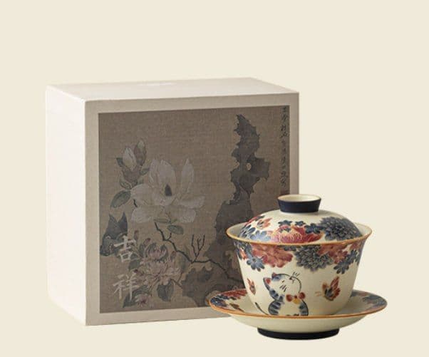 Premium Qinghe ‘Kitten Smells Fragrance’ Three-Talent Gaiwan Set, Gift Box Edition